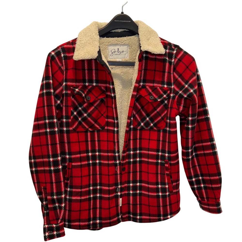 Soho Threads Red Plaid Sherpa Lined Flannel Shacket Women's S/P Cozy Warm